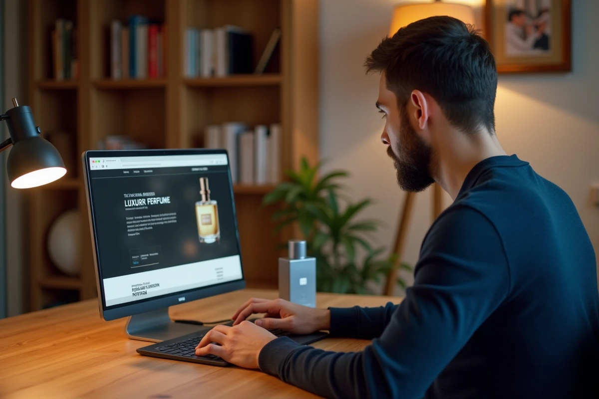 Homme achetant du parfum de luxe en ligne sur un site spécialisé depuis son bureau