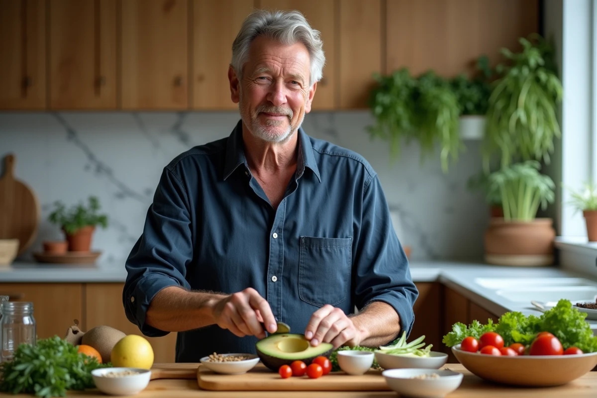 Homme préparant un repas sain et équilibré dans une cuisine moderne, soulignant l'importance de la nutrition pour la santé
