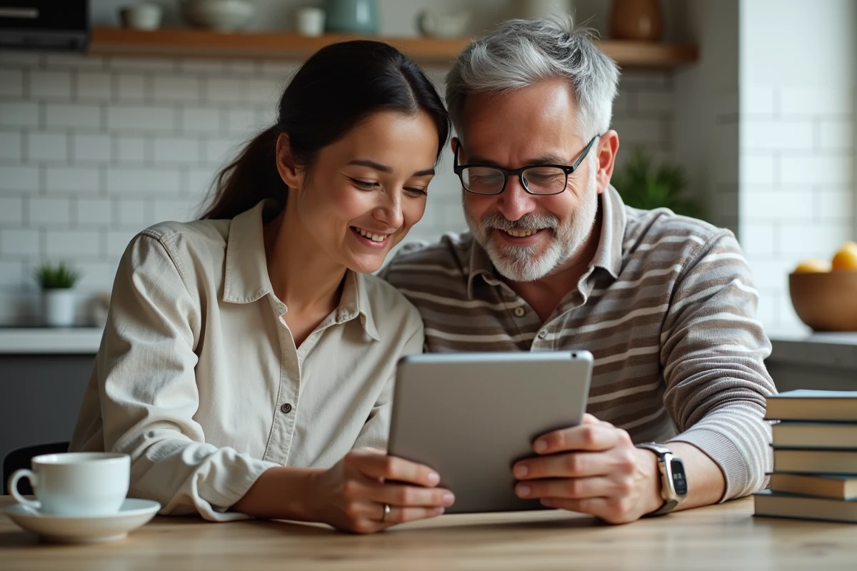 Couple comparant des alternatives aux plateformes de streaming sur une tablette dans leur cuisine