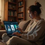 Jeune femme explorant des alternatives de streaming vidéo sur un ordinateur portable dans son salon