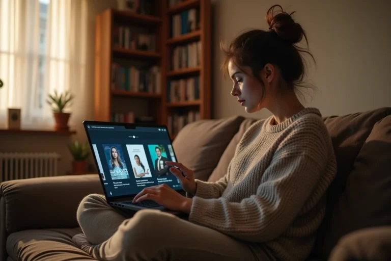 Jeune femme explorant des alternatives de streaming vidéo sur un ordinateur portable dans son salon