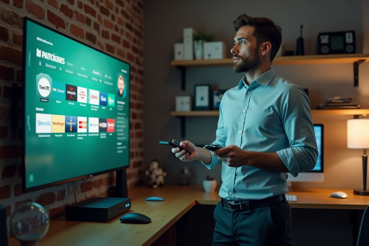 Homme debout dans un bureau à domicile choisissant une plateforme vidéo sur un téléviseur connecté