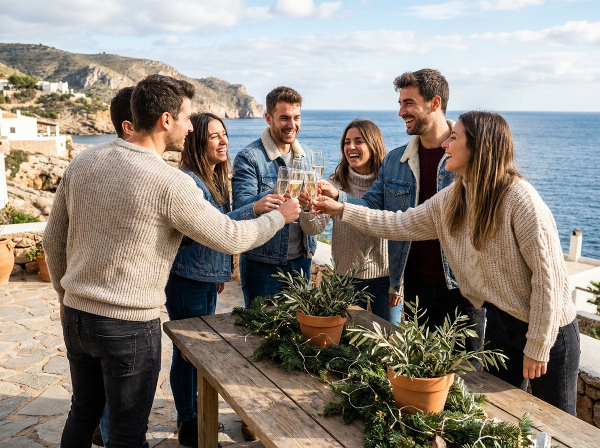 Amis riant avec flûtes de champagne sur terrasse en Méditerranée
