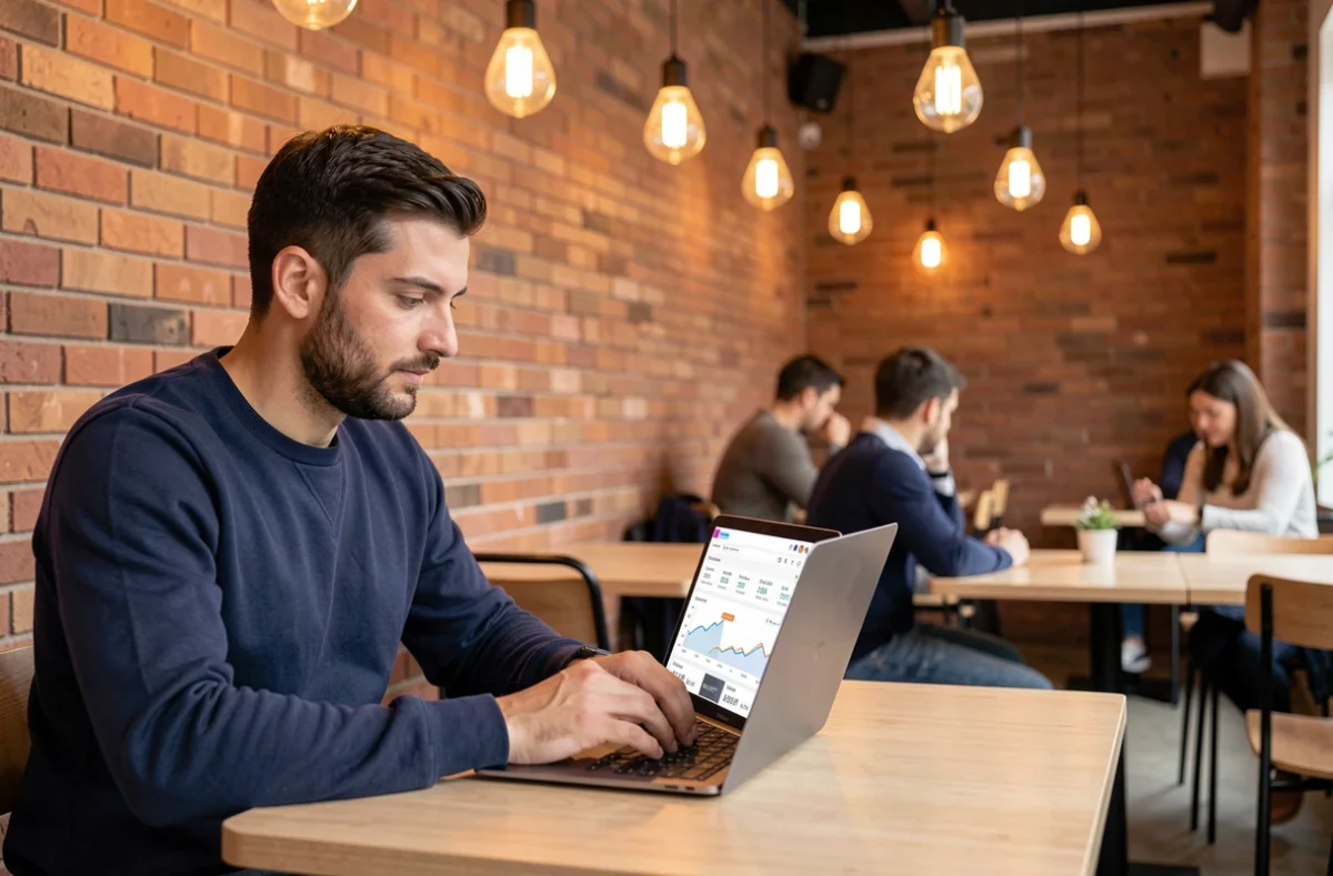 Jeune professionnel du digital consultant un tableau de bord analytique web sur son ordinateur portable dans un café urbain tendance