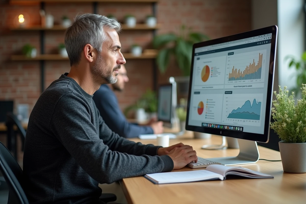 Professionnel analysant les données de marque Adivak sur un écran dans un espace de travail moderne