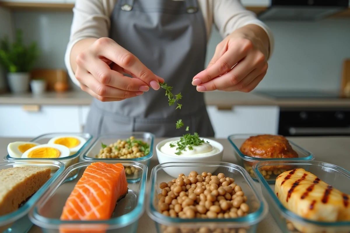 Préparation de repas riches en protéines avec saumon, oeufs, lentilles et yaourt grec dans des boîtes en verre