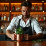 Barman professionnel préparant un cocktail artisanal dans un bar speakeasy au décor chaleureux en brique apparente