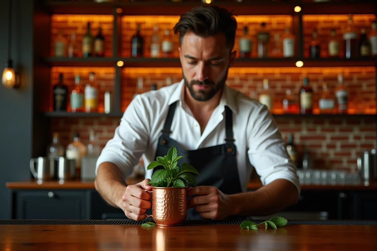 Barman professionnel préparant un cocktail artisanal dans un bar speakeasy au décor chaleureux en brique apparente