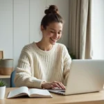 Femme blogueuse lifestyle travaillant sur son ordinateur portable dans un bureau à domicile minimaliste et cosy