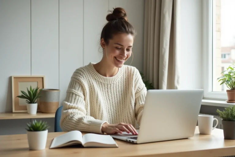 Femme blogueuse lifestyle travaillant sur son ordinateur portable dans un bureau à domicile minimaliste et cosy