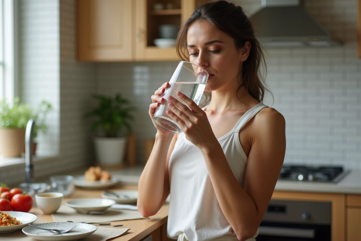 Femme buvant un grand verre d'eau avant son repas dans une cuisine moderne
