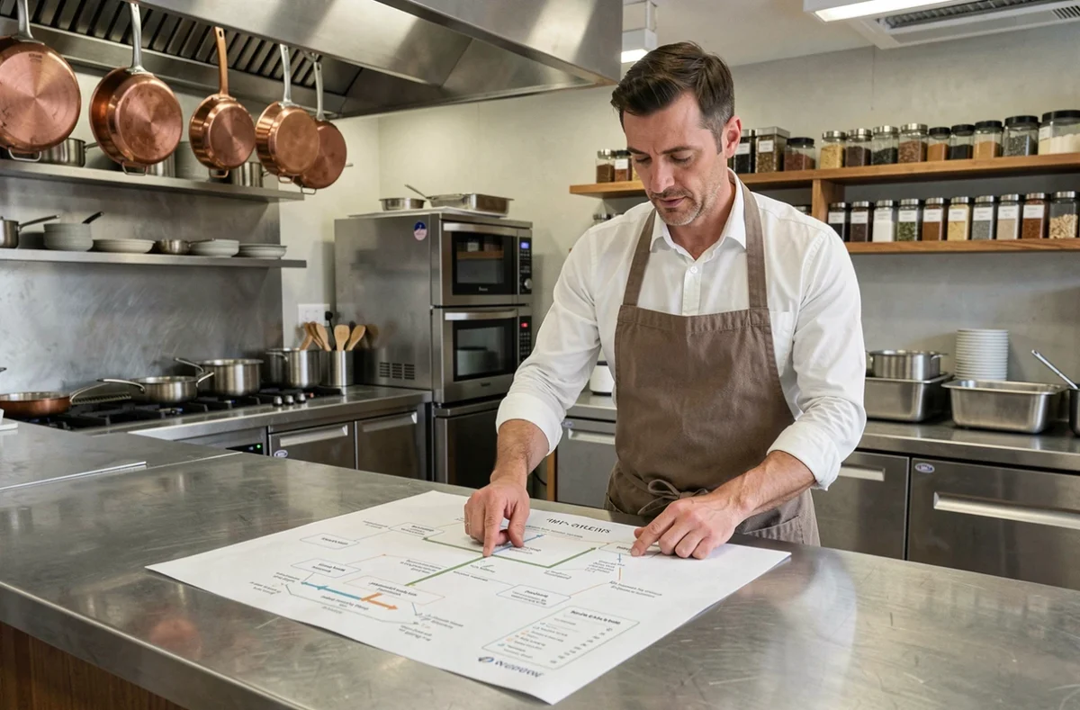 Chef cuisinier présentant le plan organisationnel d'un site gastronomique dans une cuisine professionnelle