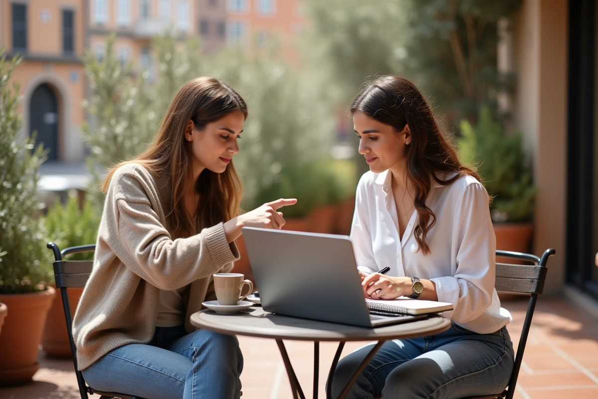 Deux femmes collaborant sur un blog lifestyle en terrasse urbaine avec ordinateur portable et café