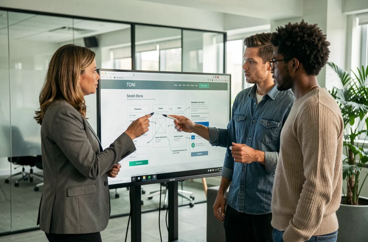 Équipe de professionnels collaborant sur une maquette de site web responsive lors d'une session de travail en espace de coworking