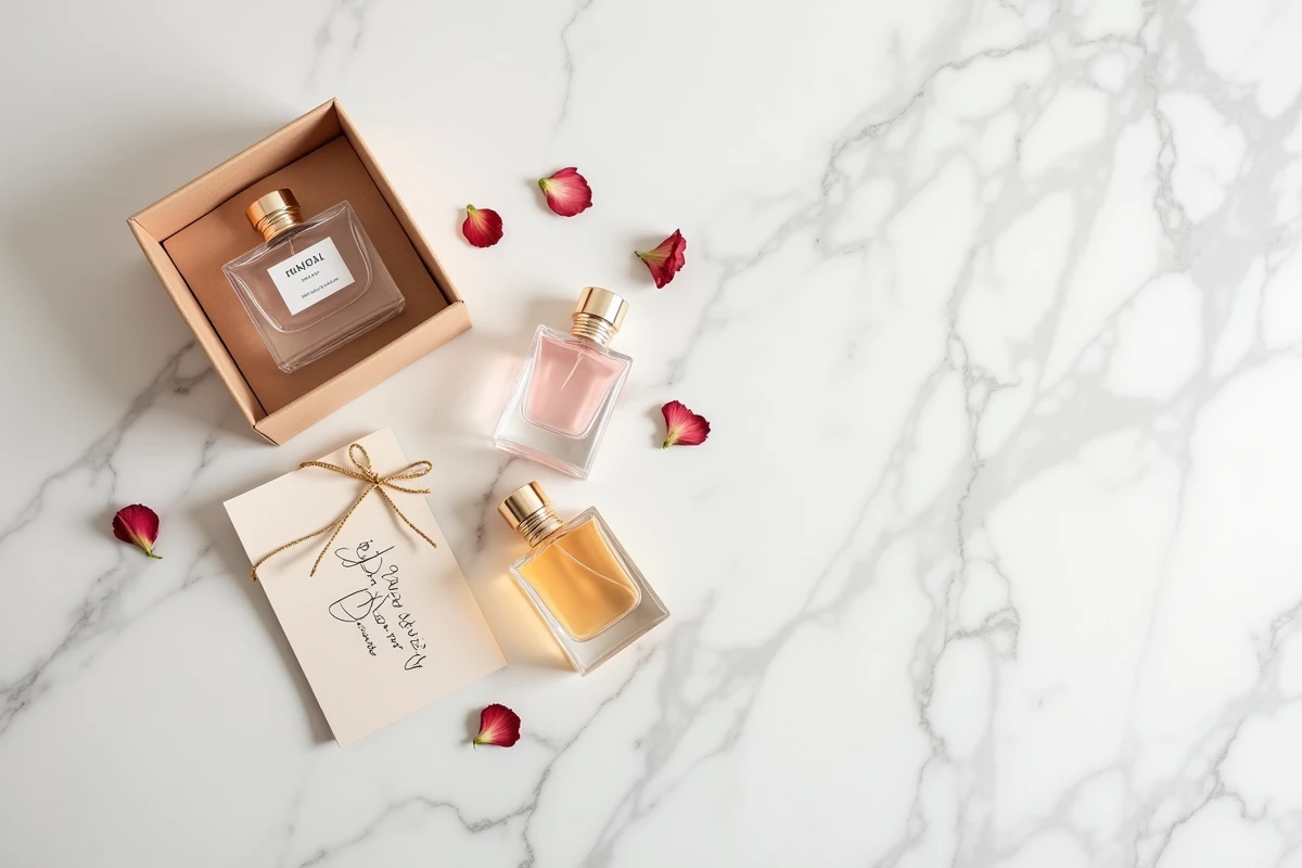 Commande de parfums de luxe en ligne avec emballage soigné sur marbre blanc
