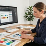 Graphiste professionnelle en train de concevoir un logo pour un service à la personne, entourée de maquettes et de guides de couleurs dans un studio moderne