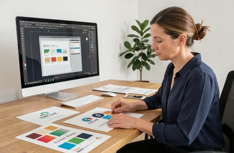 Graphiste professionnelle en train de concevoir un logo pour un service à la personne, entourée de maquettes et de guides de couleurs dans un studio moderne