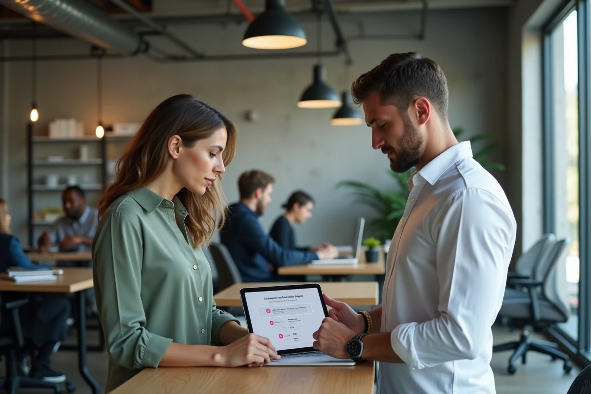 Deux collègues configurant ensemble un compte Colonna Facility sur tablette dans un espace de coworking moderne