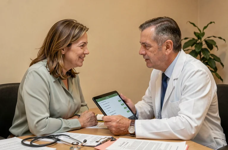 Consultation médicale entre une patiente et son médecin généraliste autour d'un parcours de soins coordonné