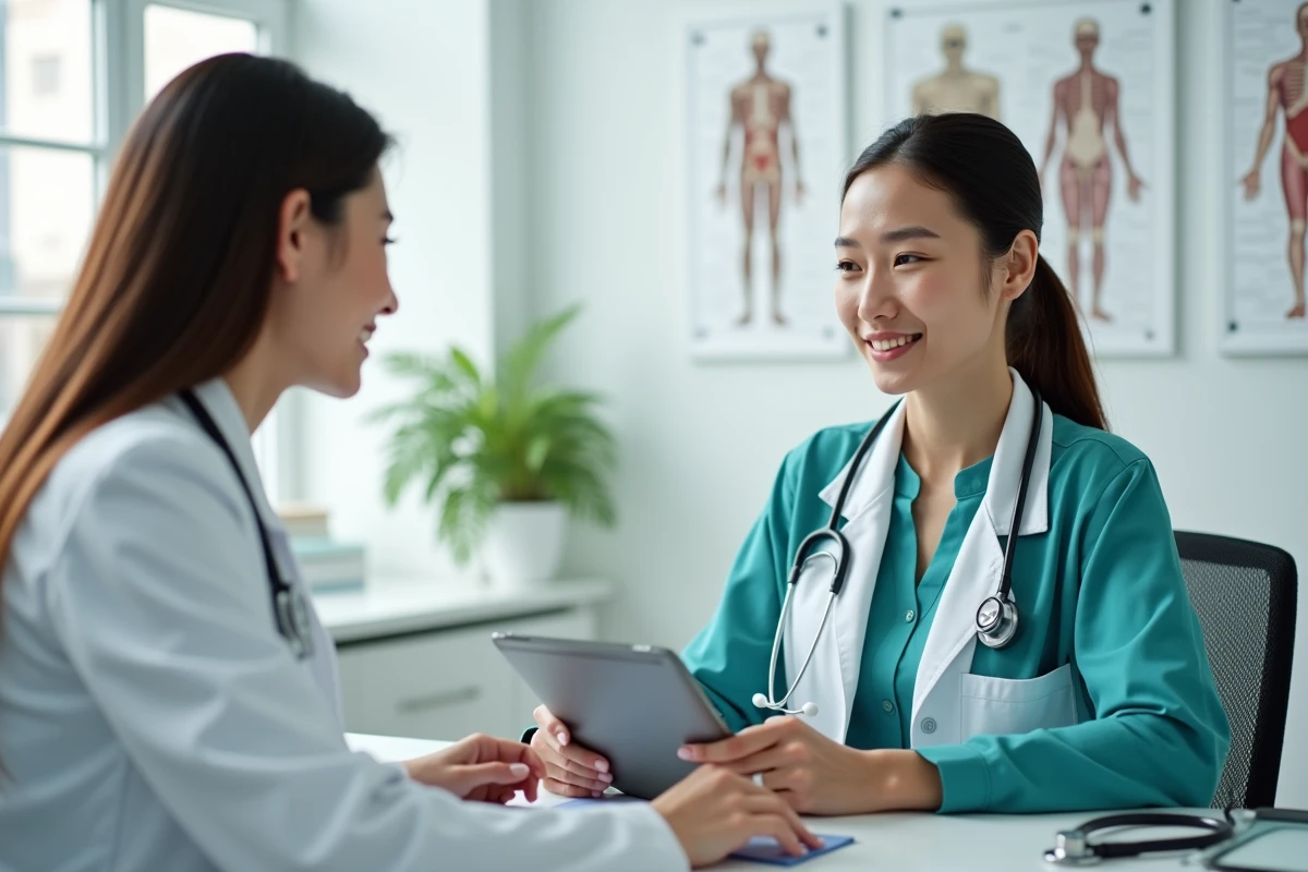Médecin en consultation avec une patiente dans un cabinet moderne, illustrant le suivi médical régulier pour la santé