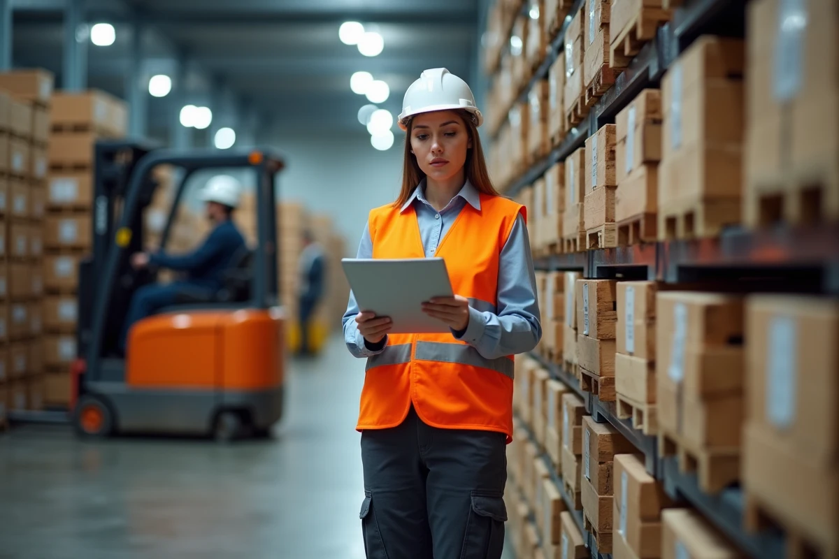 Coordinatrice logistique inspectant des palettes européennes chargées sur un chariot élévateur dans un terminal de fret