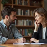 Couple en instance de divorce assis à une table avec des documents administratifs dans un appartement français, illustrant les tensions conjugales liées aux catégories socioprofessionnelles