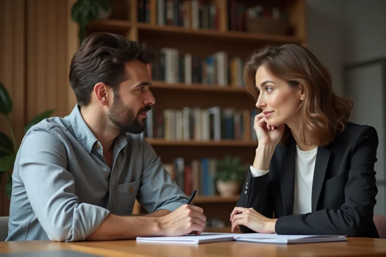 Couple en instance de divorce assis à une table avec des documents administratifs dans un appartement français, illustrant les tensions conjugales liées aux catégories socioprofessionnelles