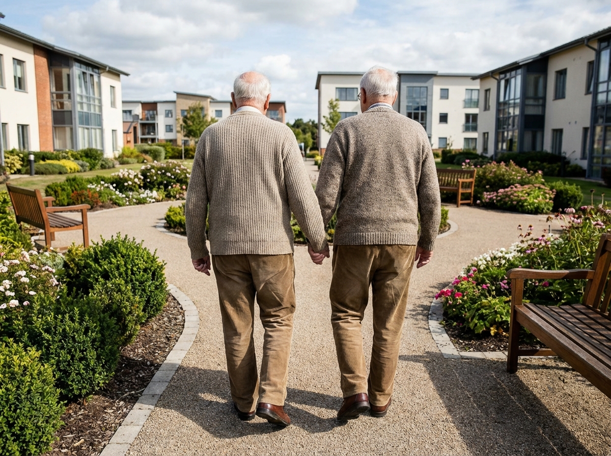Couple de seniors marche dans un jardin