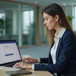 Femme professionnelle créant un compte sur un portail de gestion Colonna Facility depuis son bureau en entreprise
