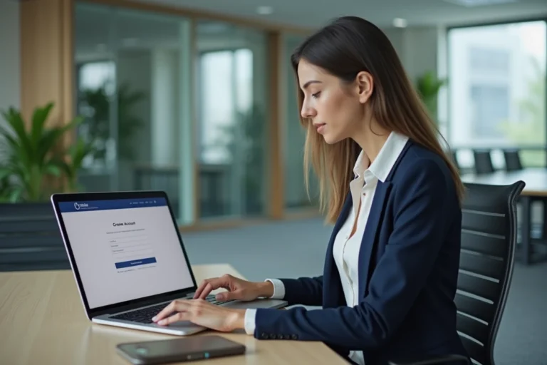 Femme professionnelle créant un compte sur un portail de gestion Colonna Facility depuis son bureau en entreprise