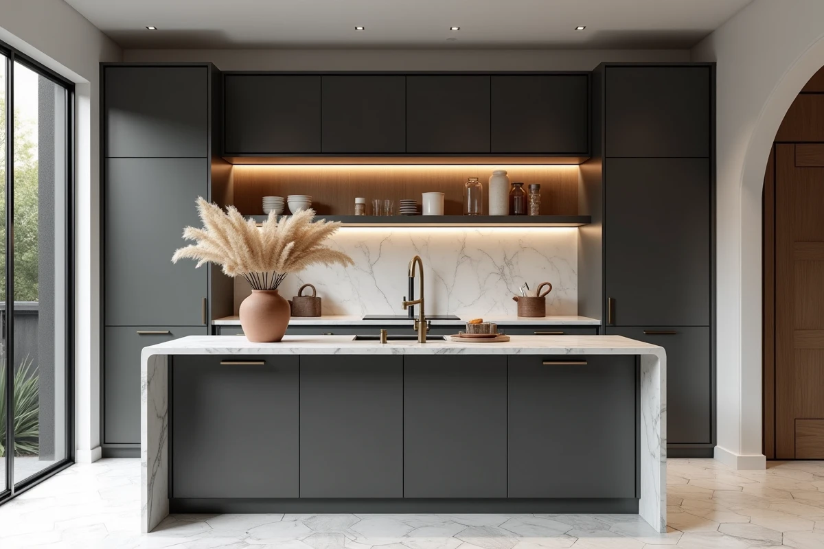 Cuisine moderne avec façades en gris anthracite mat, plan de travail en marbre et détails en laiton brossé tendance 2024