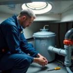 Technicien marine inspectant une cuve de rétention des eaux usées à bord d'un voilier