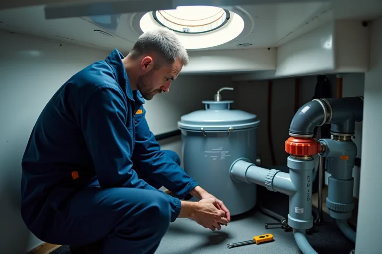 Technicien marine inspectant une cuve de rétention des eaux usées à bord d'un voilier