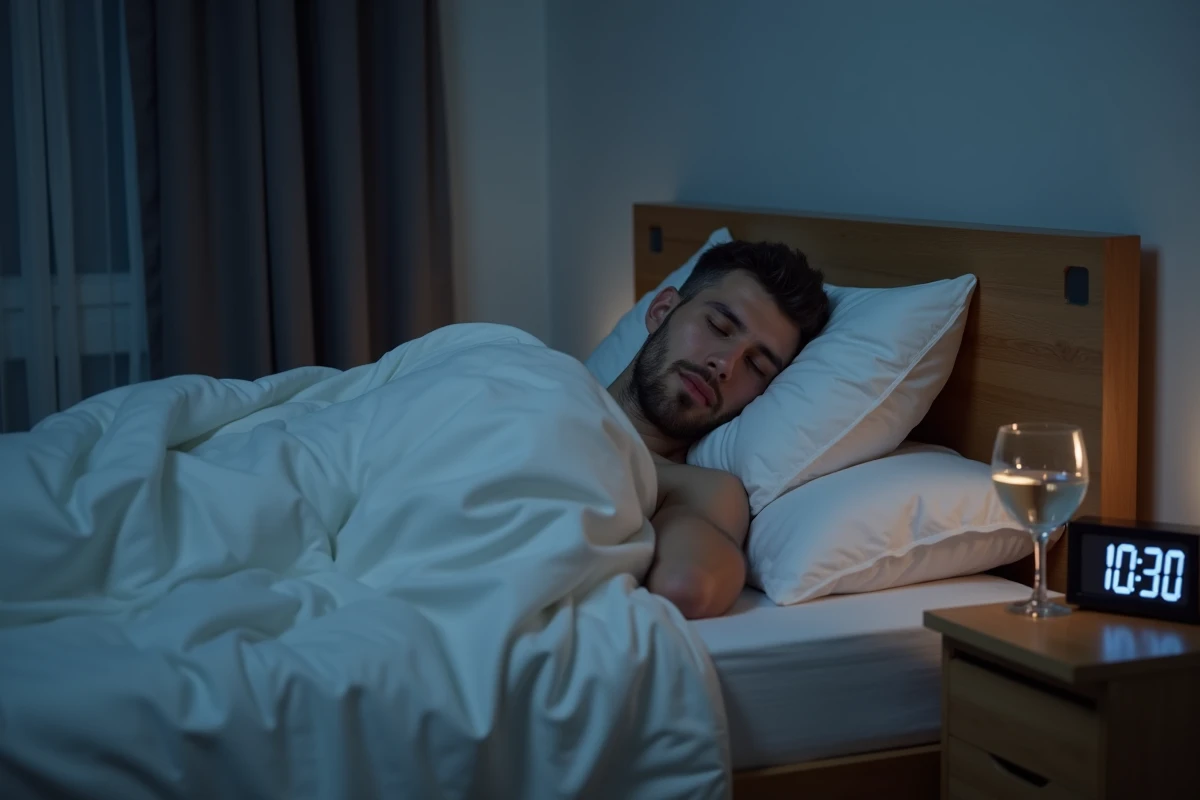 Homme endormi paisiblement dans une chambre cosy, symbolisant l'importance du sommeil pour réguler la faim