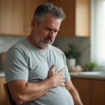Homme d'âge moyen tenant son côté gauche sous les côtes, assis dans une cuisine, expression préoccupée évoquant une douleur abdominale ou thoracique