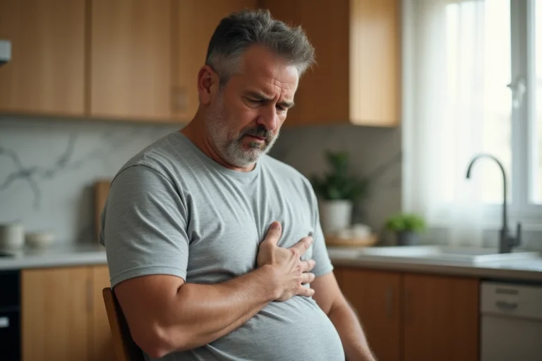Homme d'âge moyen tenant son côté gauche sous les côtes, assis dans une cuisine, expression préoccupée évoquant une douleur abdominale ou thoracique