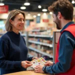 Femme échangeant des vignettes Armor Lux au comptoir service client d'un Intermarché