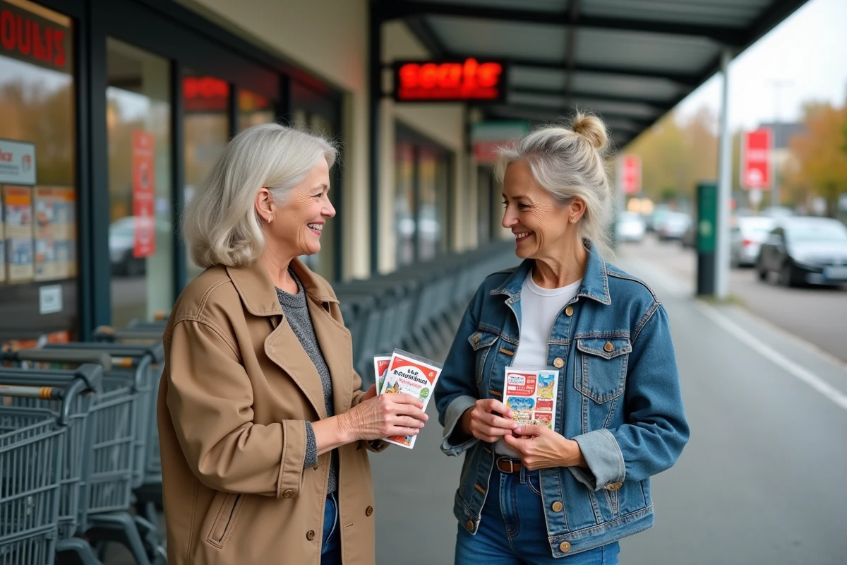 Deux femmes qui échangent des vignettes Armor Lux en double devant un supermarché Intermarché