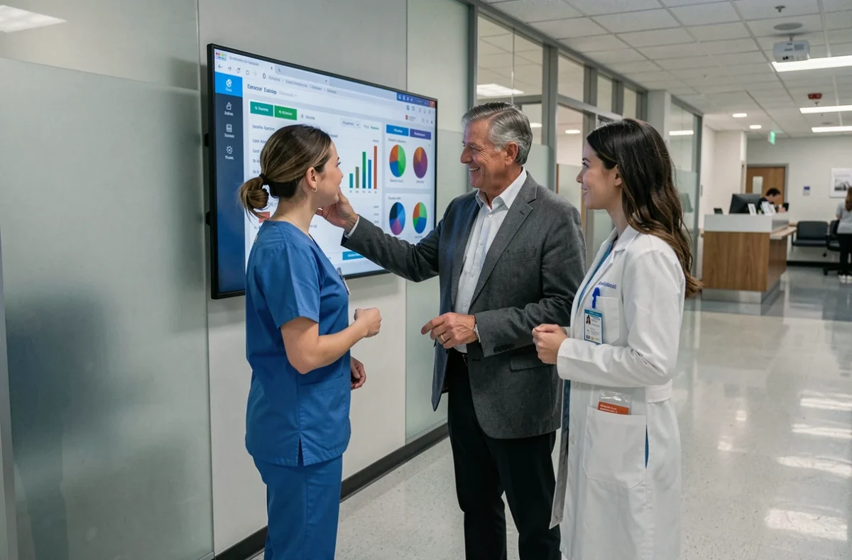 Équipe de professionnels de santé collaborant autour d'un réseau de soins numérique dans un couloir hospitalier