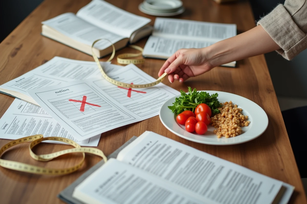 Table montrant des régimes express rejetés en contraste avec une assiette équilibrée saine pour éviter l'effet yo-yo