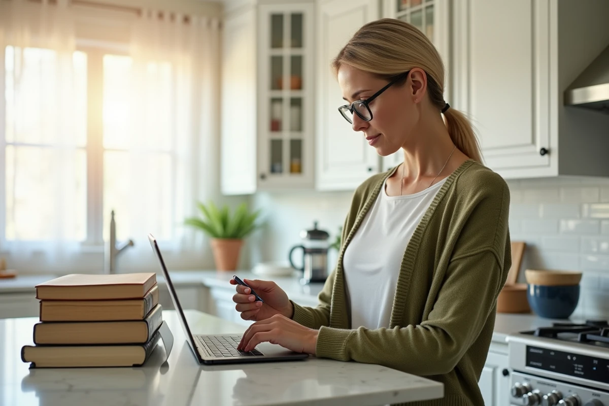 Femme analysant les performances de son blog sur une tablette dans une cuisine moderne
