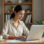 Femme travaillant sur son blog depuis un bureau en bois dans un espace de travail à domicile chaleureux