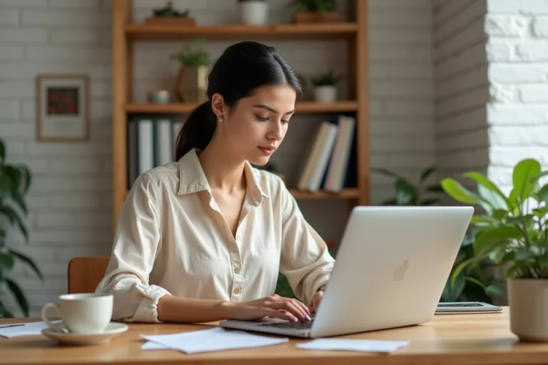 Femme travaillant sur son blog depuis un bureau en bois dans un espace de travail à domicile chaleureux