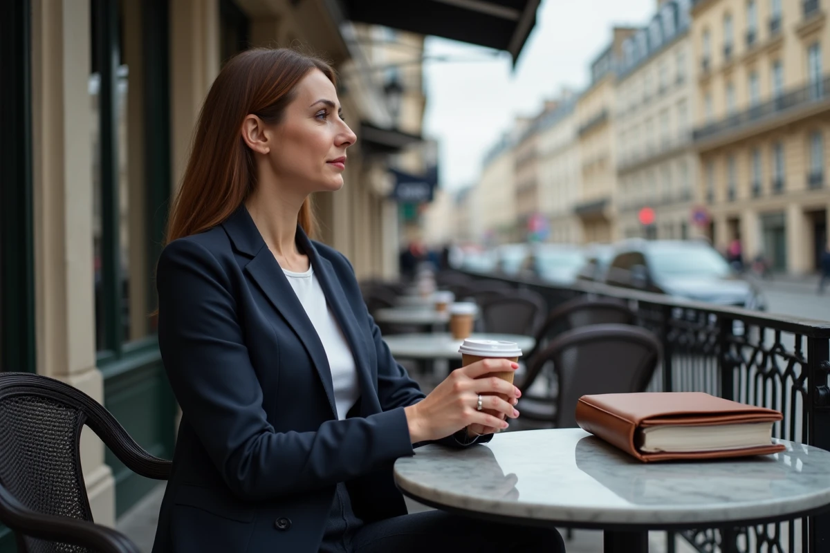 Femme cadre professionnelle seule à une terrasse de café parisien, évoquant l'impact du divorce sur les catégories socioprofessionnelles supérieures en France