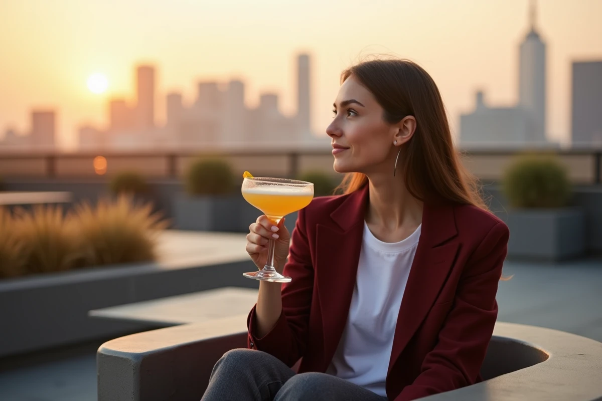 Femme élégante savourant un cocktail sur un rooftop bar urbain avec vue sur les toits de la ville