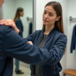 Femme essayant un blouson bomber bleu marine dans une cabine d'essayage, vérifiant la coupe aux épaules et la longueur des manches pour trouver la bonne taille
