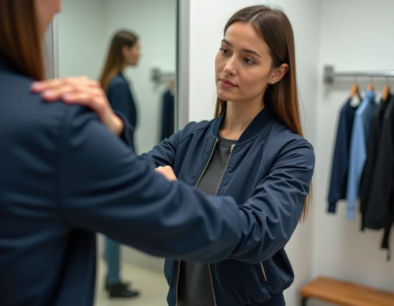 Femme essayant un blouson bomber bleu marine dans une cabine d'essayage, vérifiant la coupe aux épaules et la longueur des manches pour trouver la bonne taille