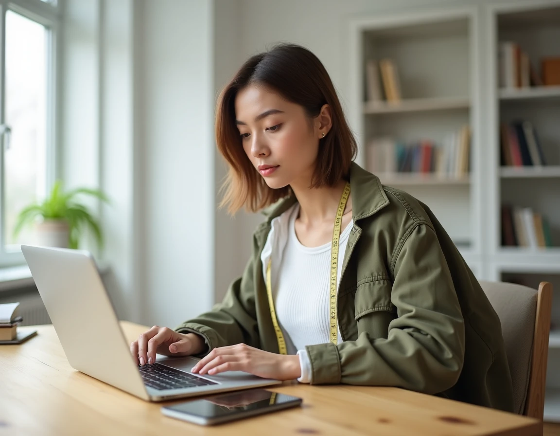 Jeune femme consultant un guide des tailles en ligne avec un mètre ruban pour choisir la bonne taille de blouson, assise à son bureau à la maison