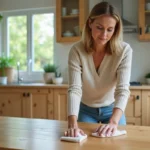 Femme nettoyant une table en bois dans une cuisine moderne