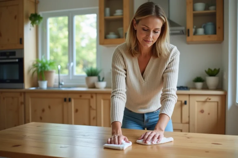 Femme nettoyant une table en bois dans une cuisine moderne